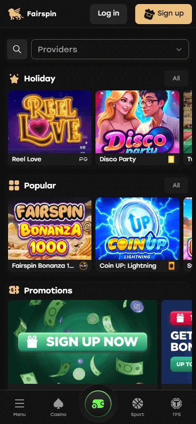 Fairspin Casino mobile home interface