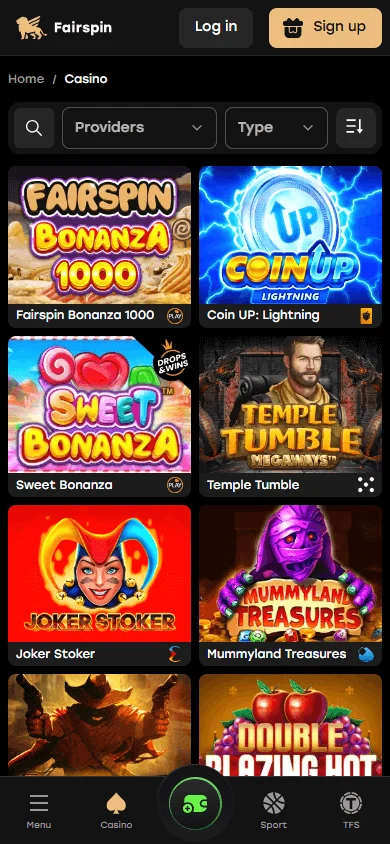 Fairspin Casino mobile games interface